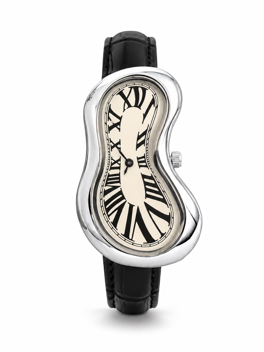 Surreal Melting Dial Watch Silver Tone Black Strap Roman Numeral Statement